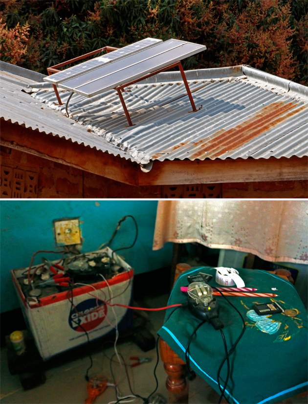 Top: Rooftop solar panels on Ruinda Njaba's house. Bottom: A power inverter and battery that Njaba uses to charge his neighbors' phones.