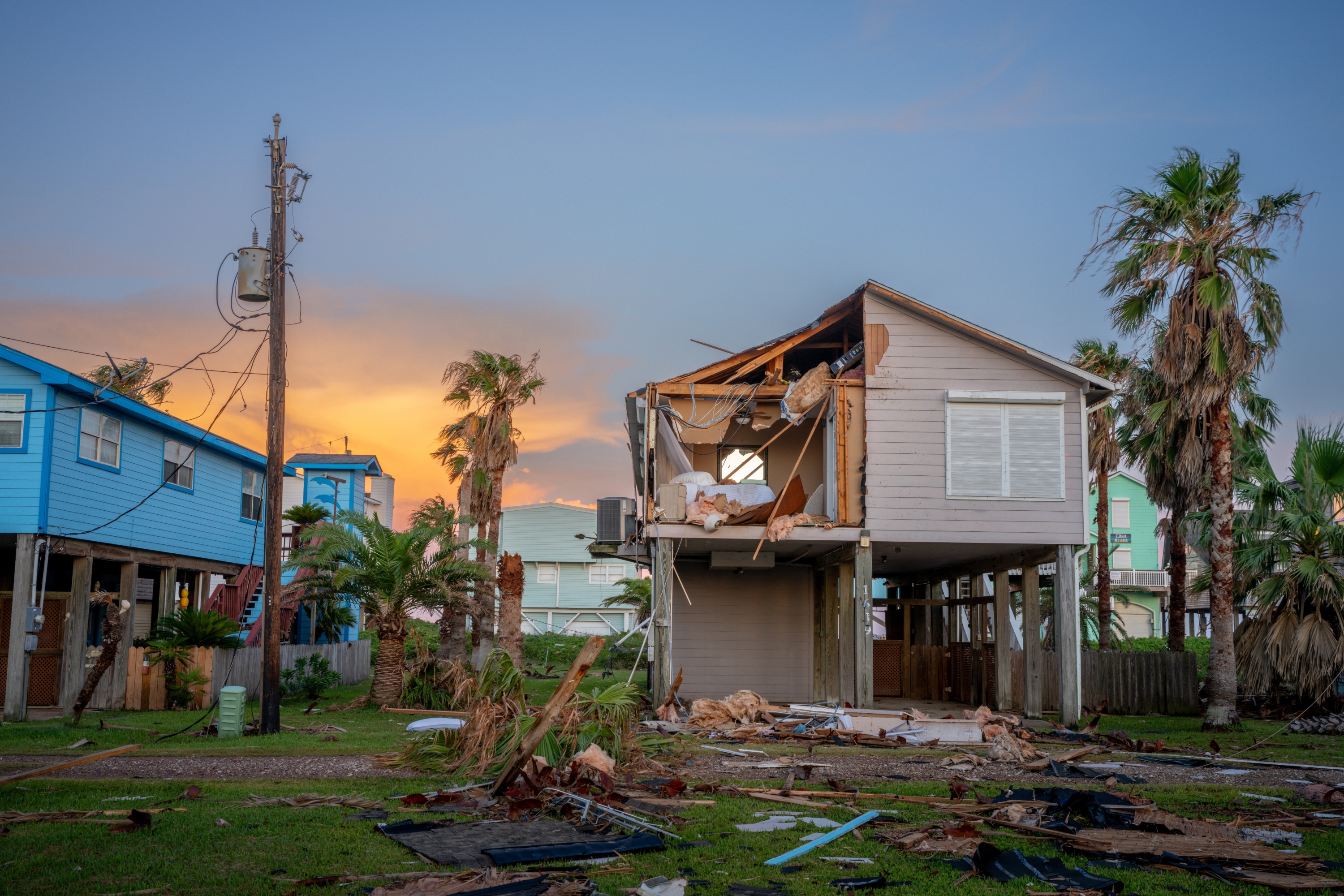 A home is severely damaged after Hurricane Beryl swept through the area on July 08, 2024 in Freeport, Texas. Tropical Storm Beryl developed into a Category 1 hurricane as it hit the Texas coast late last night. (Photo by Brandon Bell/Getty Images)