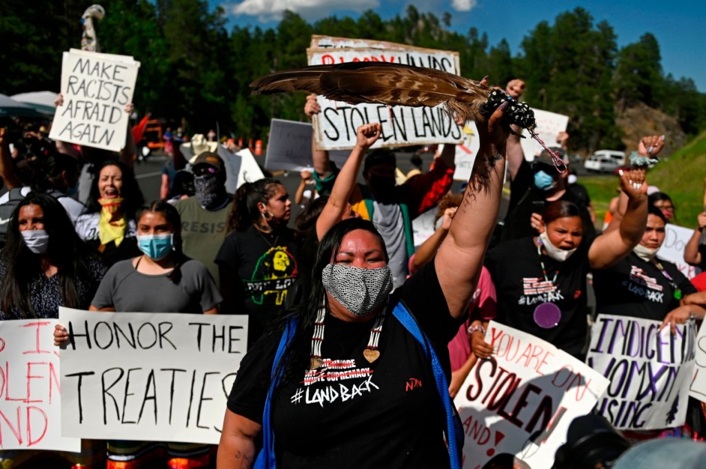 Indigenous activists protest at Mount Rushmore