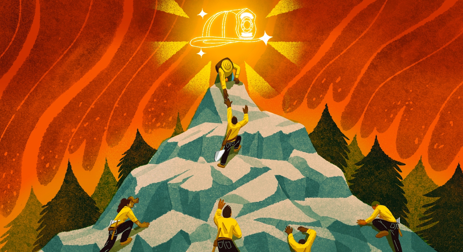 Firefighters climbing a hill illustration