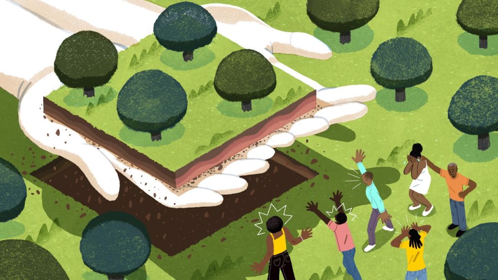 Hands giving back a plot of land illustration