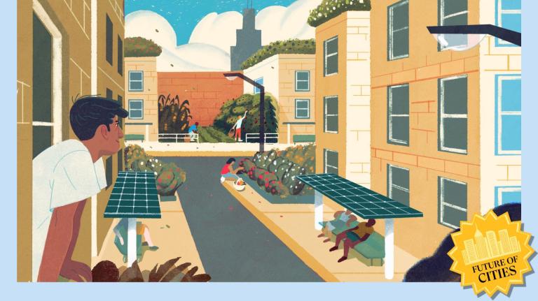 Illustration of a futuristic city block