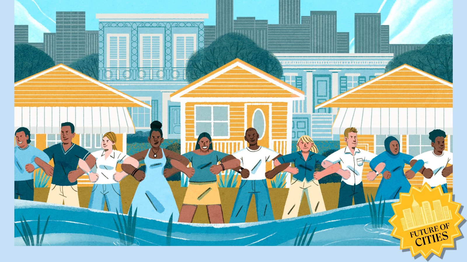 Illustration of coastal residents standing with locked arms, protecting their communities