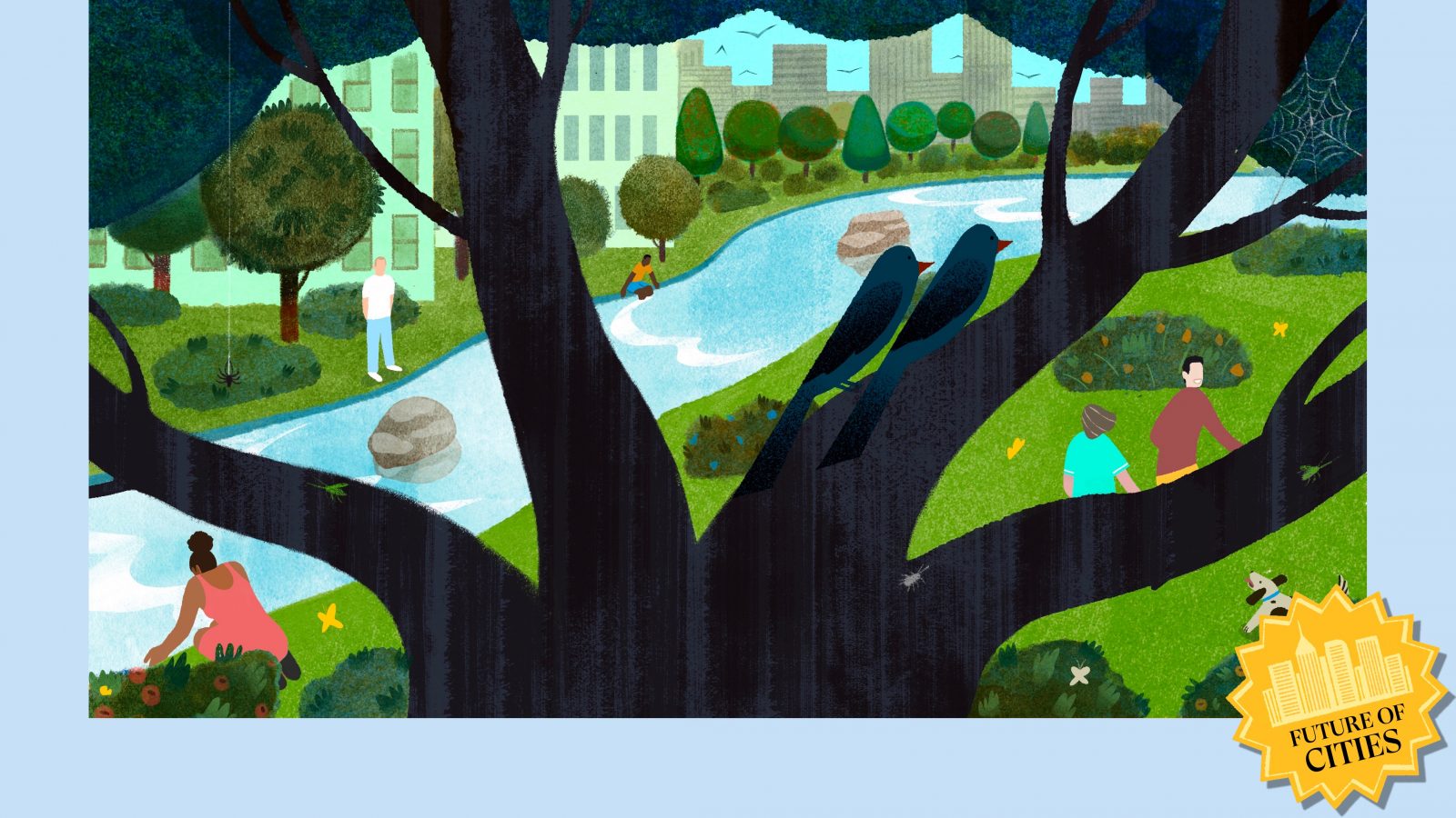 Illustration of a lush, green city park by a river, with a tree in the foreground