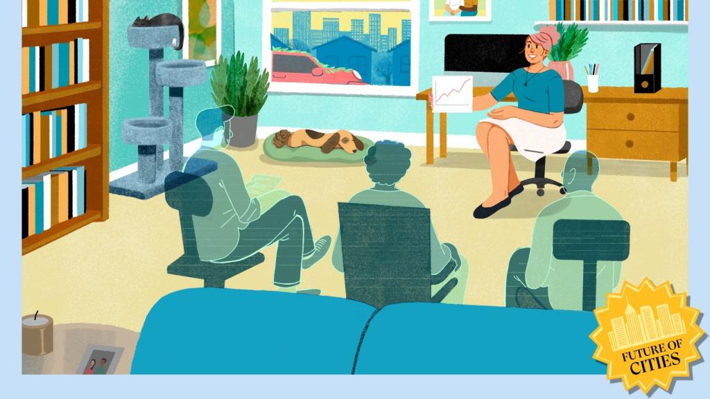 A woman works from home, taking a meeting with three hologram colleagues.