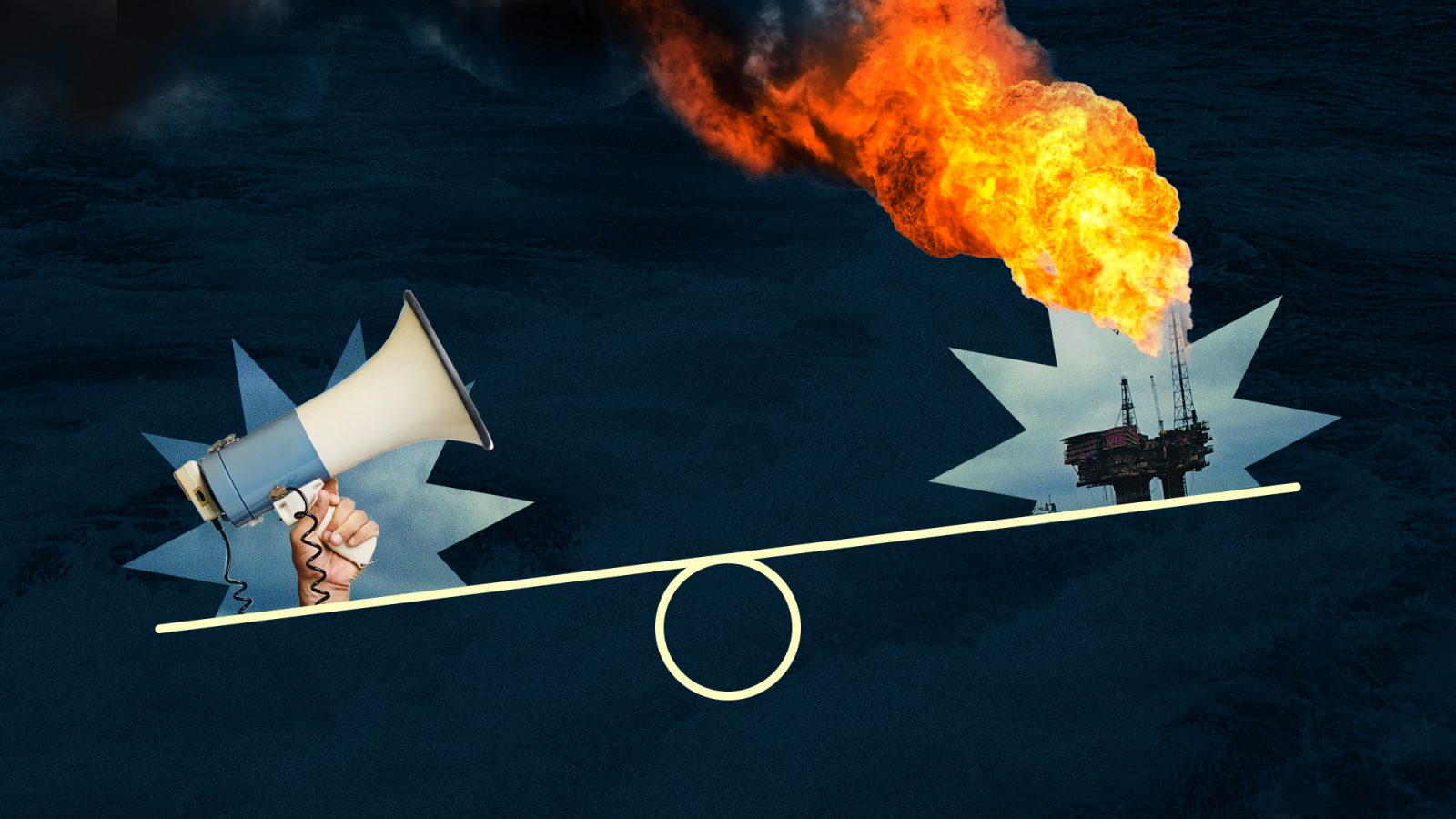 Bullhorn and oil tanker balancing on a scale