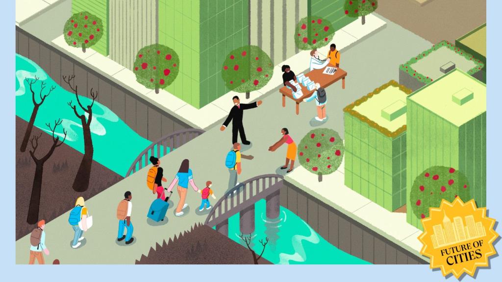 Illustration of a green city welcoming climate migrants