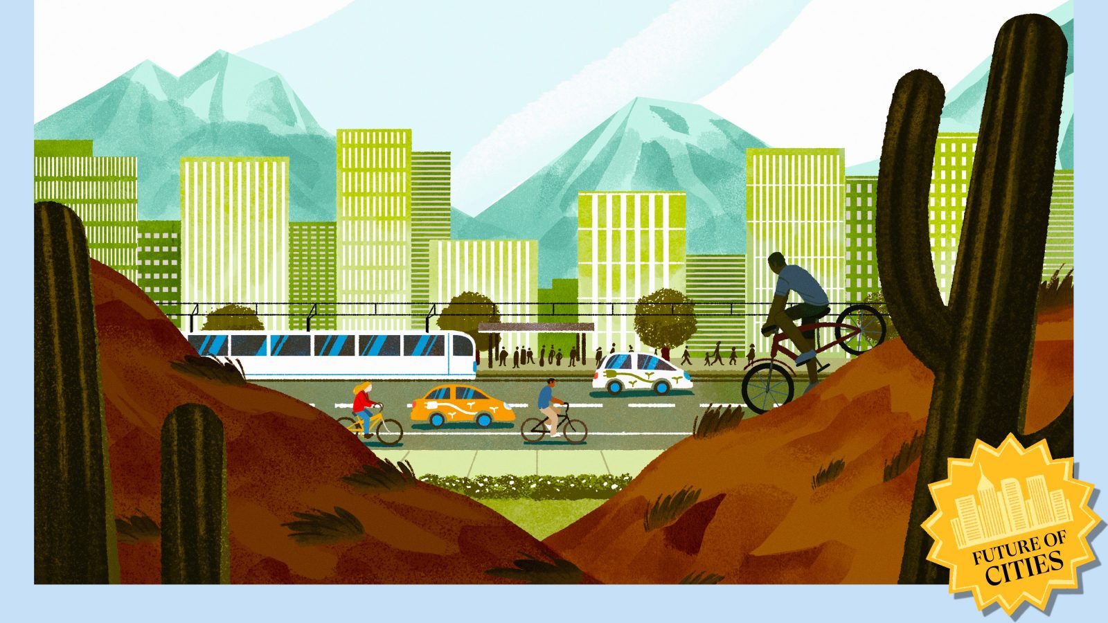 Illustration of a sustainable desert city, with EVs, vegetation, and bikes