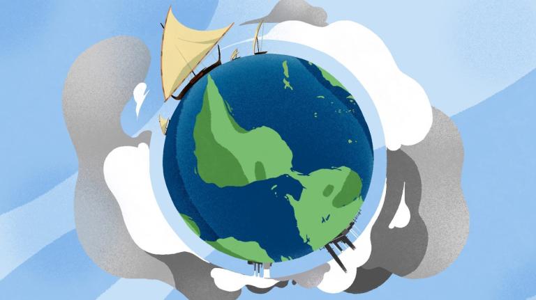 Illustration of a traditional Chamorro canoe sailing around a polluted earth.