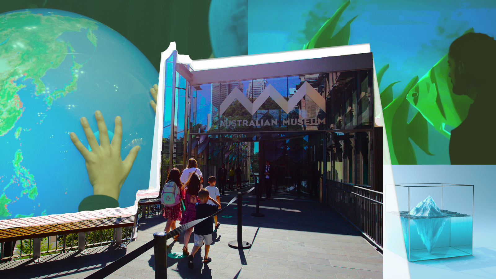 Collage of climate-themed exhibits behind a photo of children entering a museum