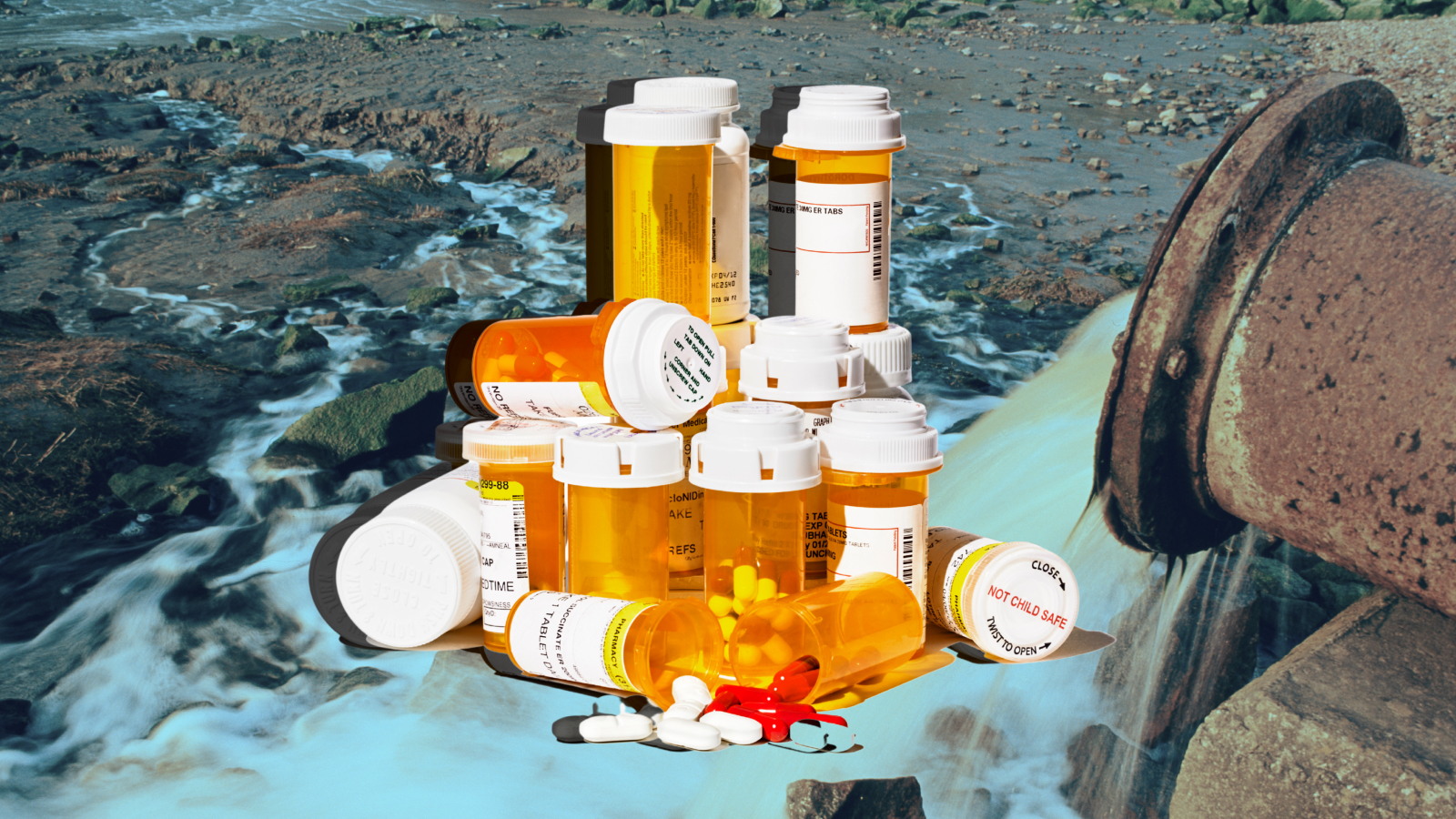 Image of pill bottles on top of a background showing contaminated water