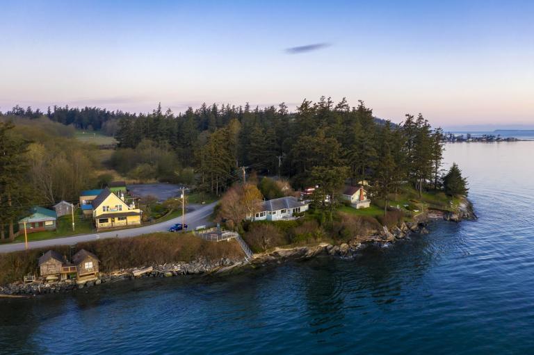 Aerial View of the West Side of Lummi Island During a Beautiful Sunrise.