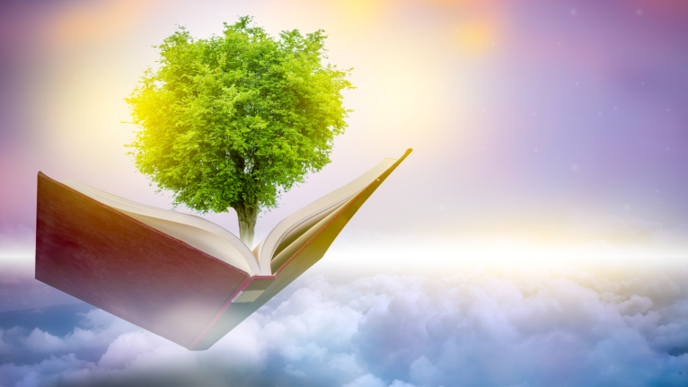 Tree coming out of book over the clouds