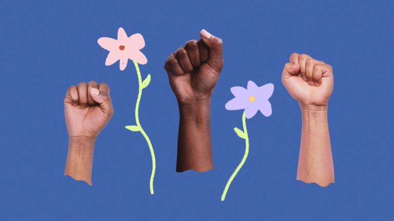 Raised fists alongside flowers