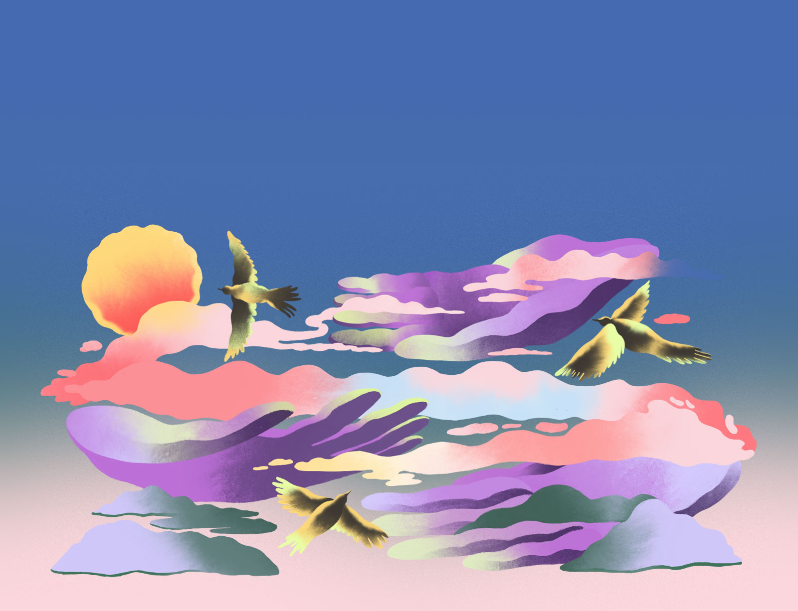 Sunset scene with clouds resembling hands