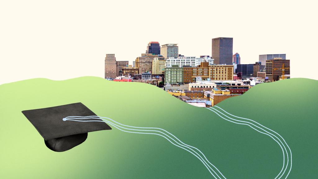 Graduation cap with tassel that turns into river leading to city