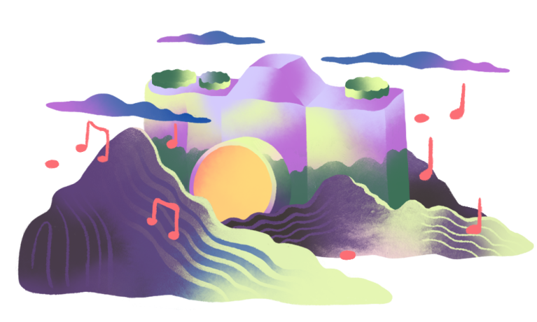 Camera nestled in mountain landscape with music notes