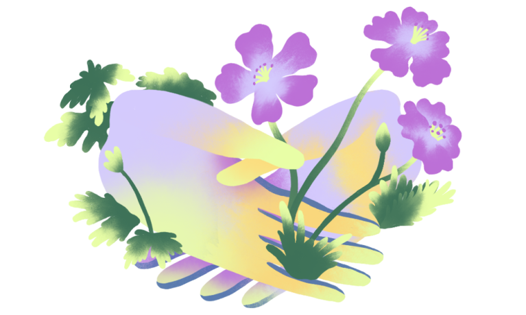 Flowers blooming from two hands holding each other