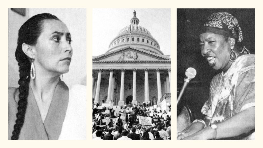 Composite featuring photos of Gail Small, rally at Capitol, and Jean Sapp during 1991 summit