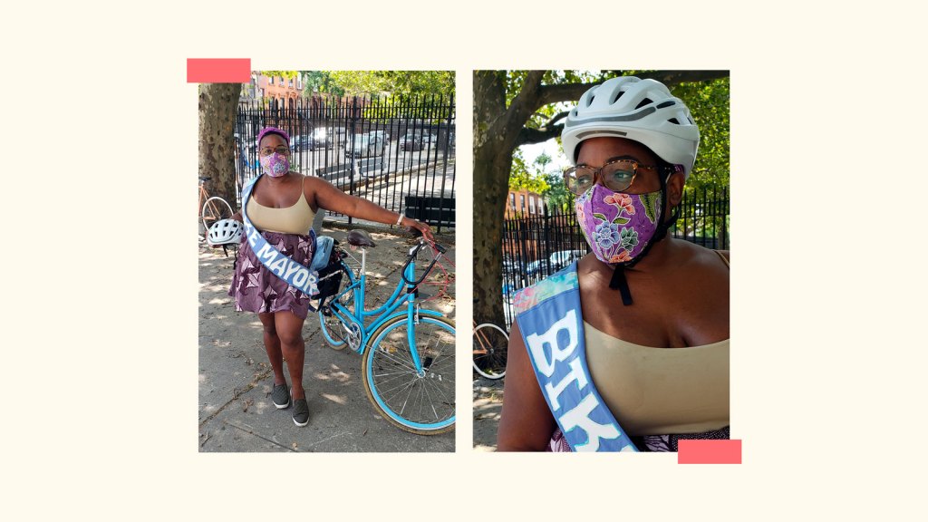 Two photos of Courtney Williams standing by her bike, wearing a 'Bike Mayor' sash