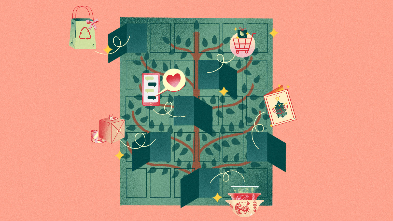 Illustration of gifts coming out of an advent calendar