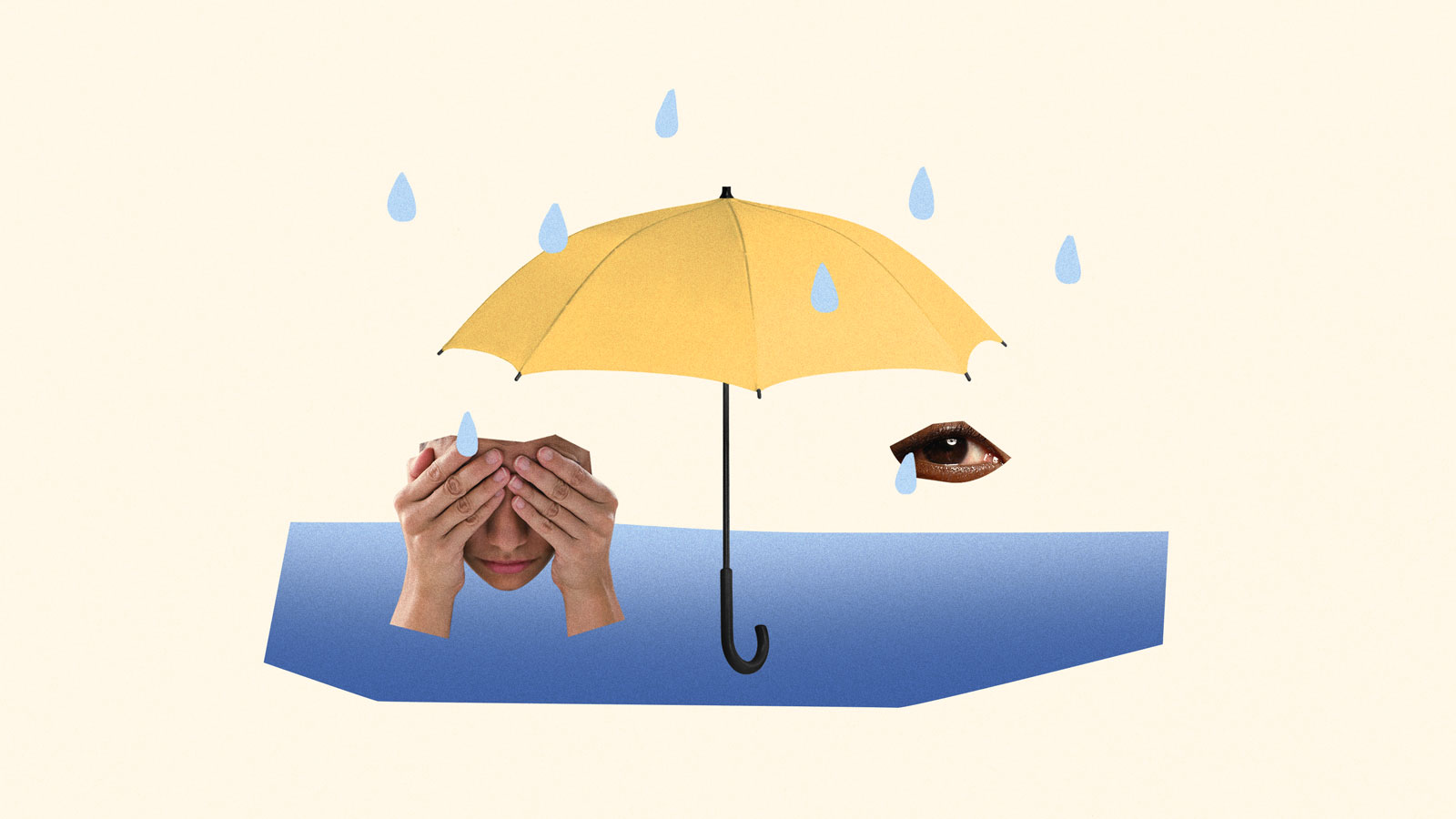 An umbrella tries to protect two anxious and sad people from raindrops
