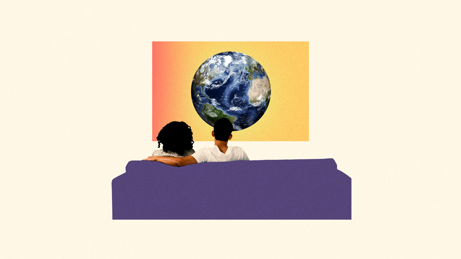 Two people watch a movie depicting climate change