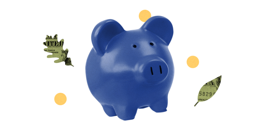 Blue piggy bank surrounded by dollar-textured leaves and yellow coins