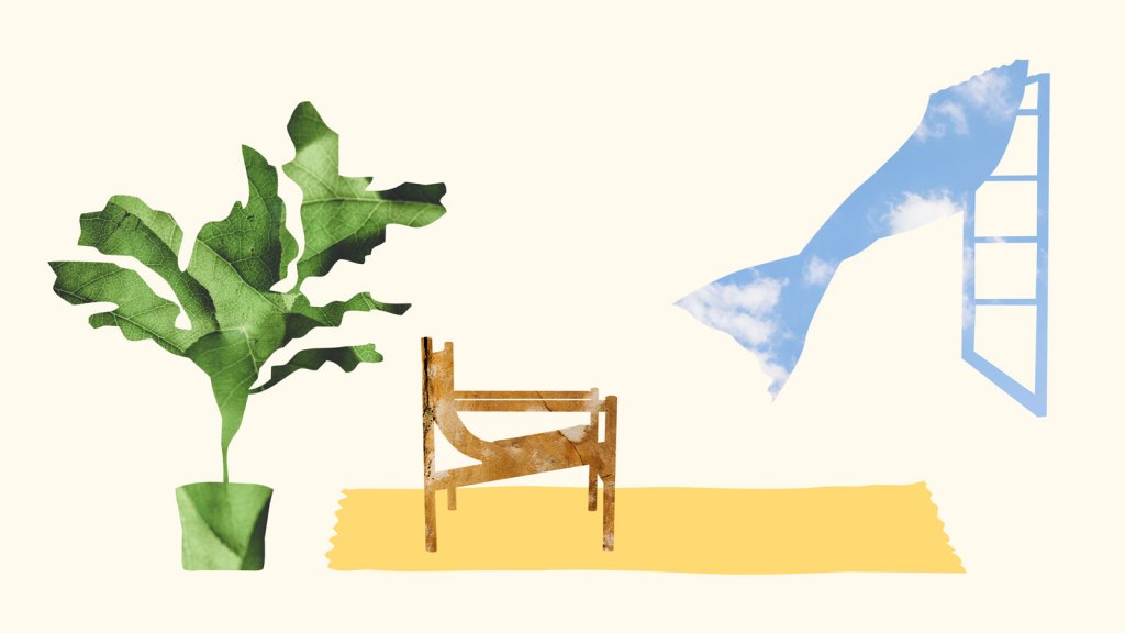 Chair beside tall plant faces open, breezy window