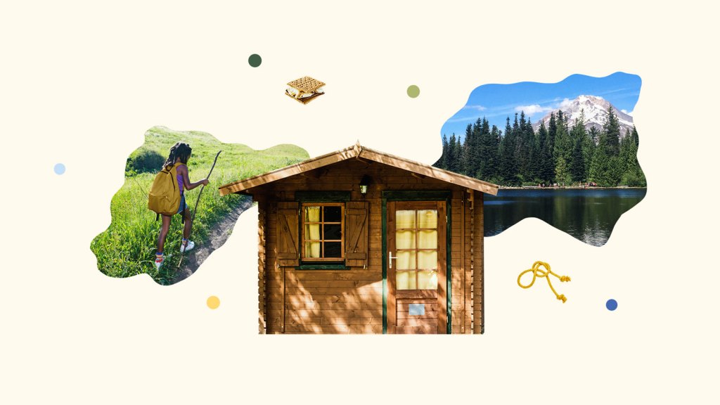 Collage of summer camp cabin surrounded by a mountain scene, child hiking, a s'more, and knotted rope