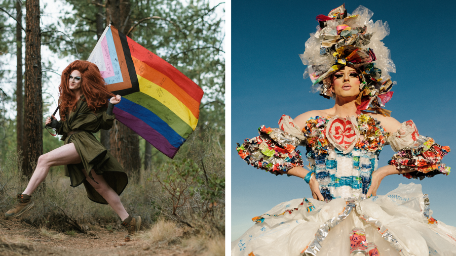 Side-by-side photos of Pattie Gonia carrying LGBTQ flag wile in hiking boots and another of Pattie in a dress made from recycled materials like water bottles and La Croix cans