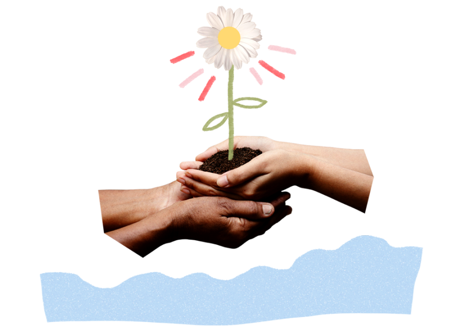 Hands holding flower above flood water