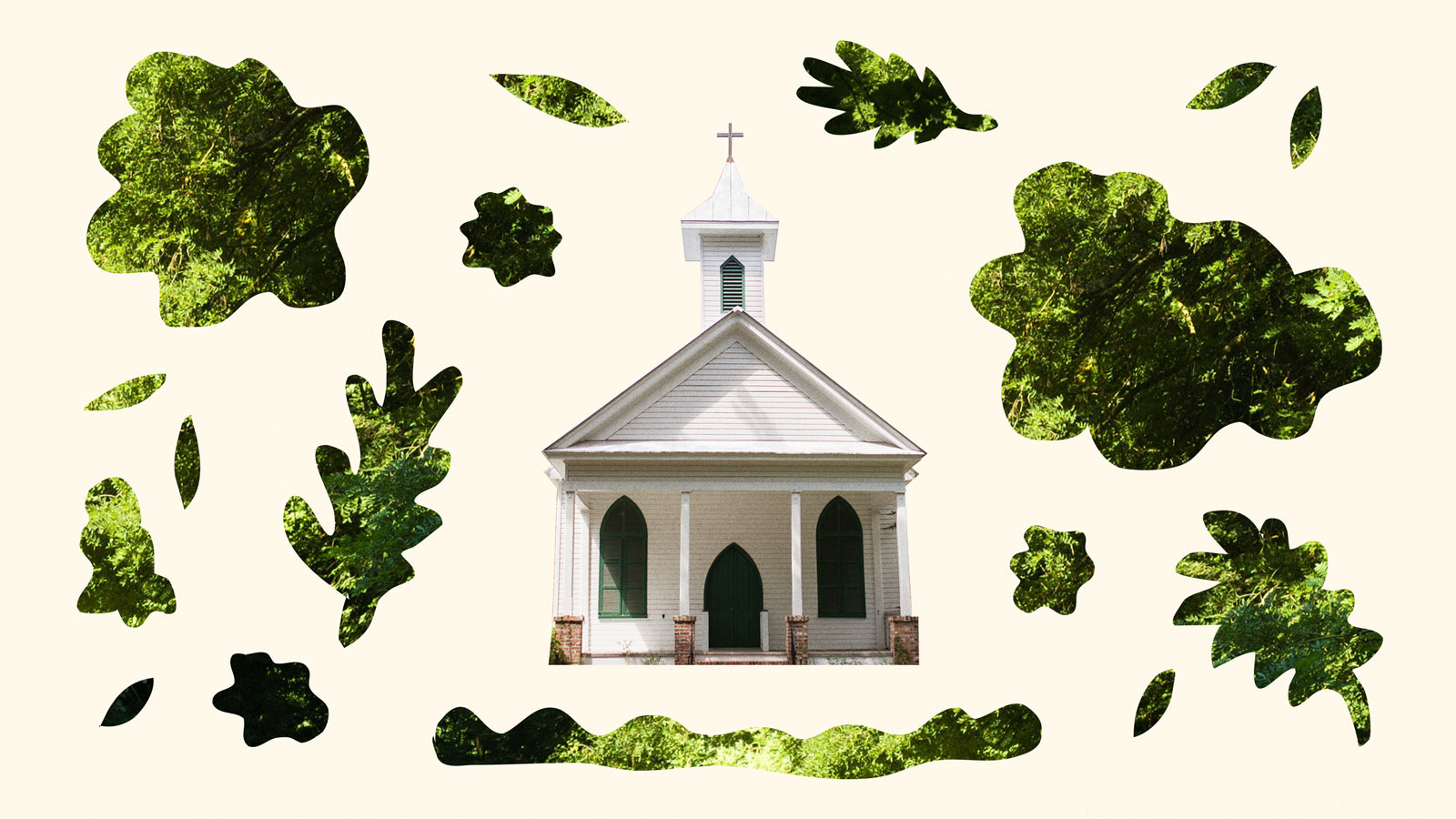 Collage of white church with green shutters surrounded by leafy green shapes on a cream background