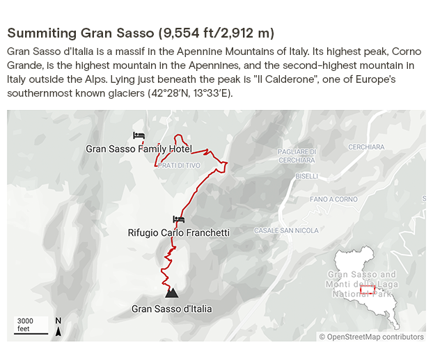 Map showing hike through the Apennine Mountains of Italy