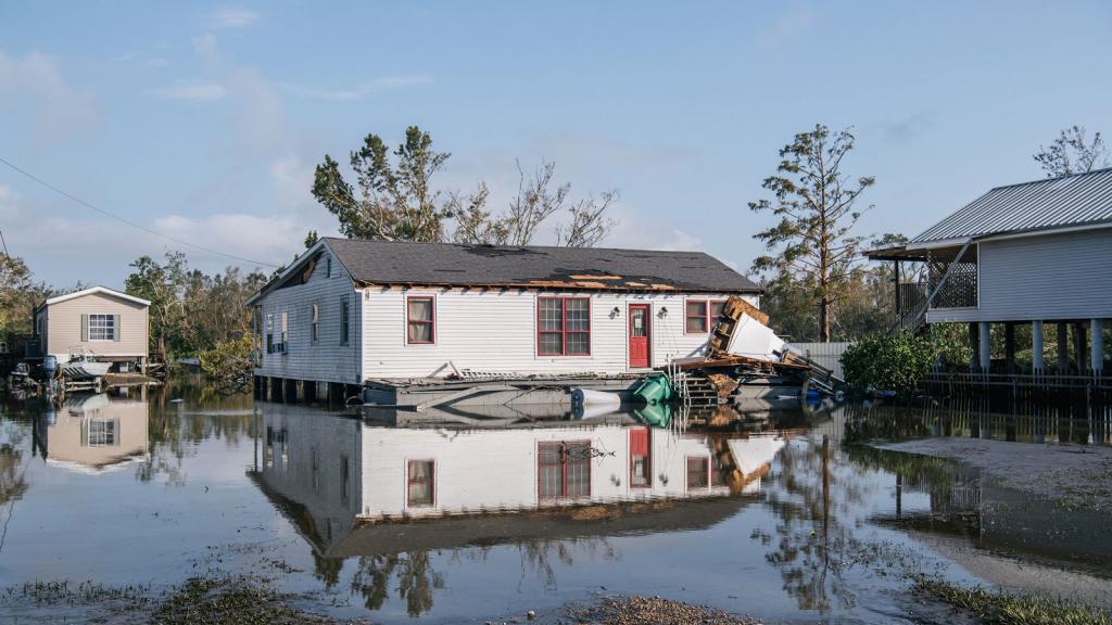 Floodwater surrounds homes in Jean Lafitte, Louisiana
