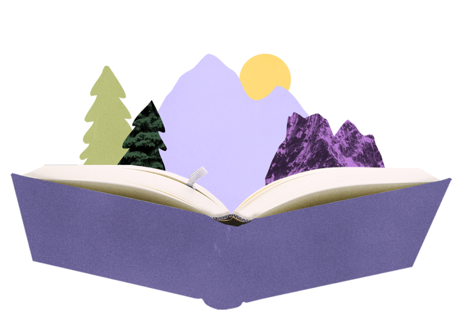 Collage-style mountain scene popping out of open purple book