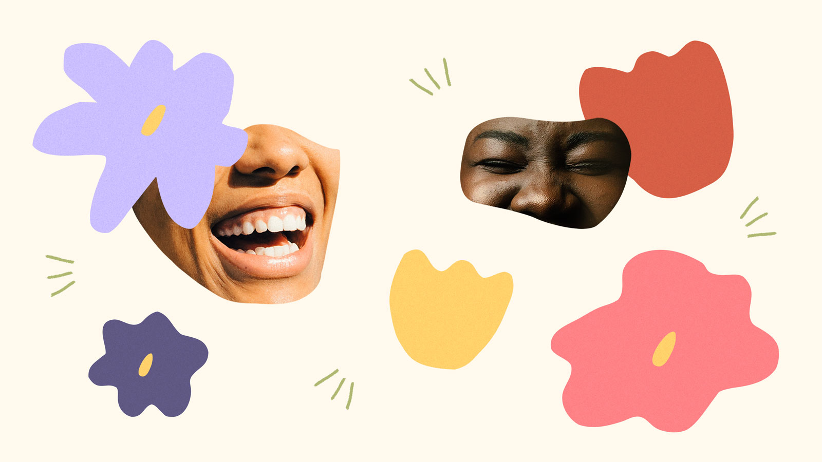 Collage of smiling faces surrounded by hand-drawn flowers