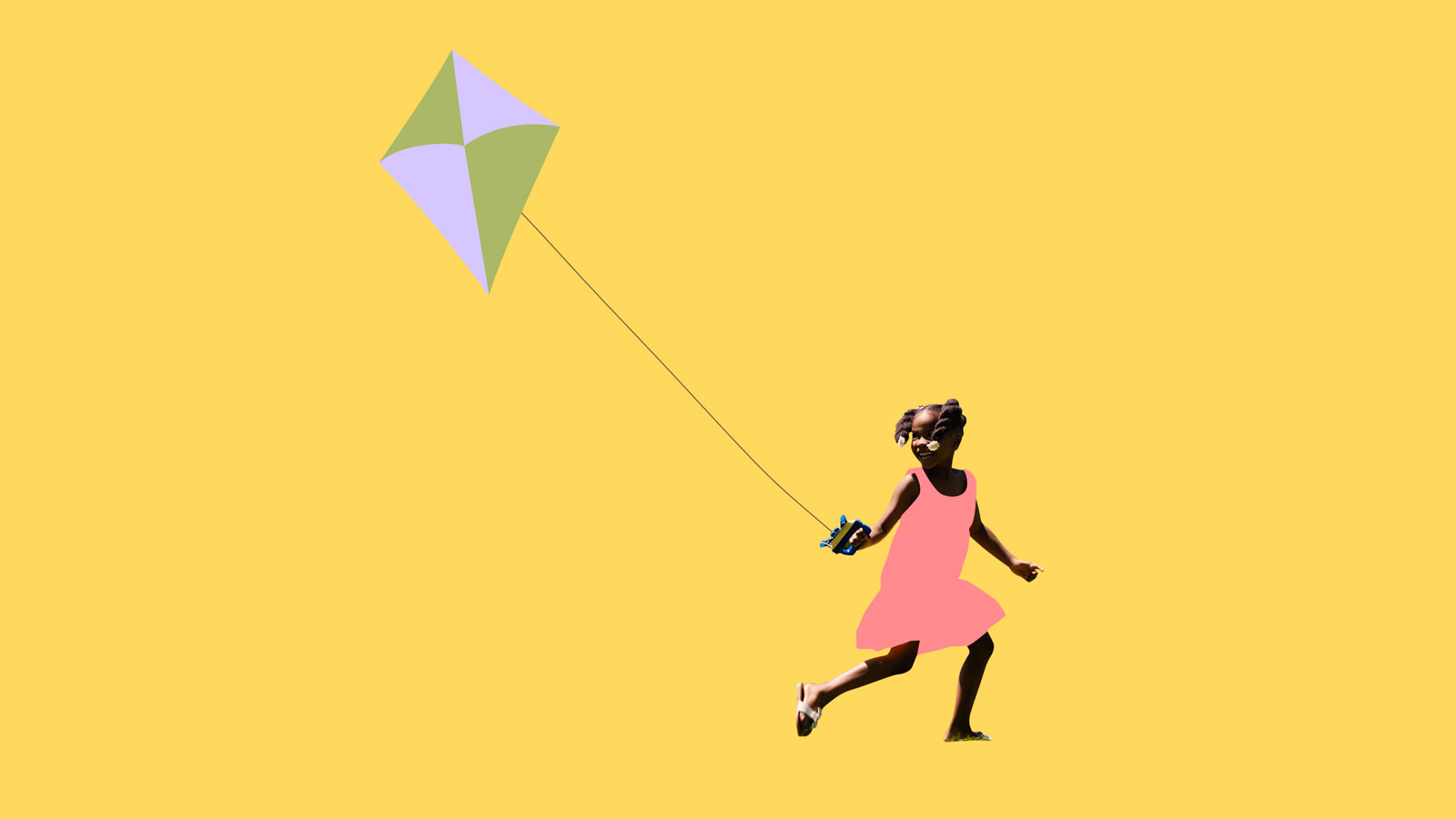 Collage of young Black girl running with kite on yellow background
