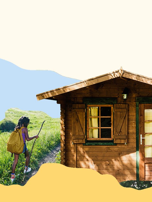 Collage of summer camp cabin surrounded by a mountain scene, child hiking, a s'more, and knotted rope