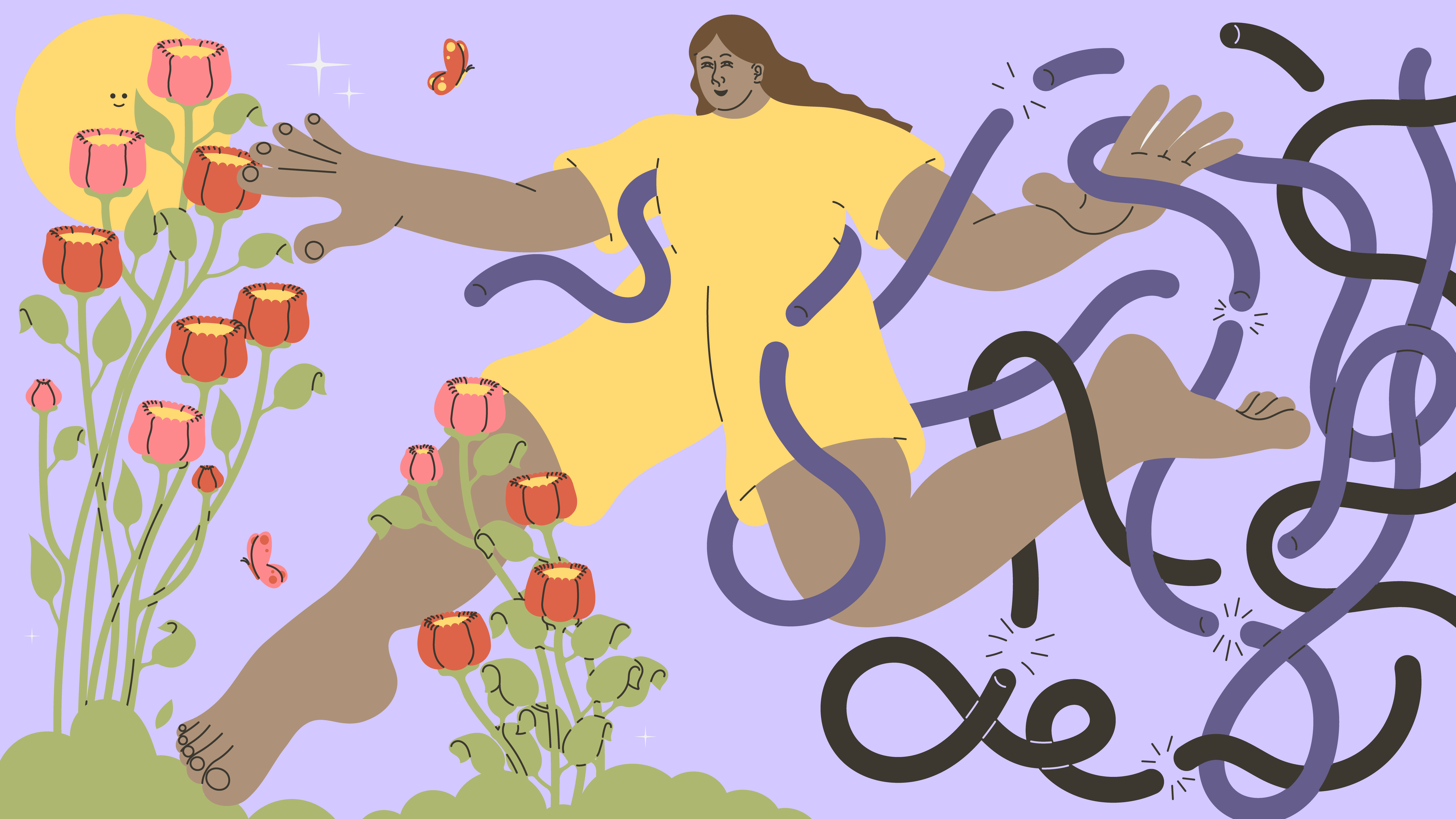 Illustration of person breaking free from dark tangles and leaping into pink and red flowers