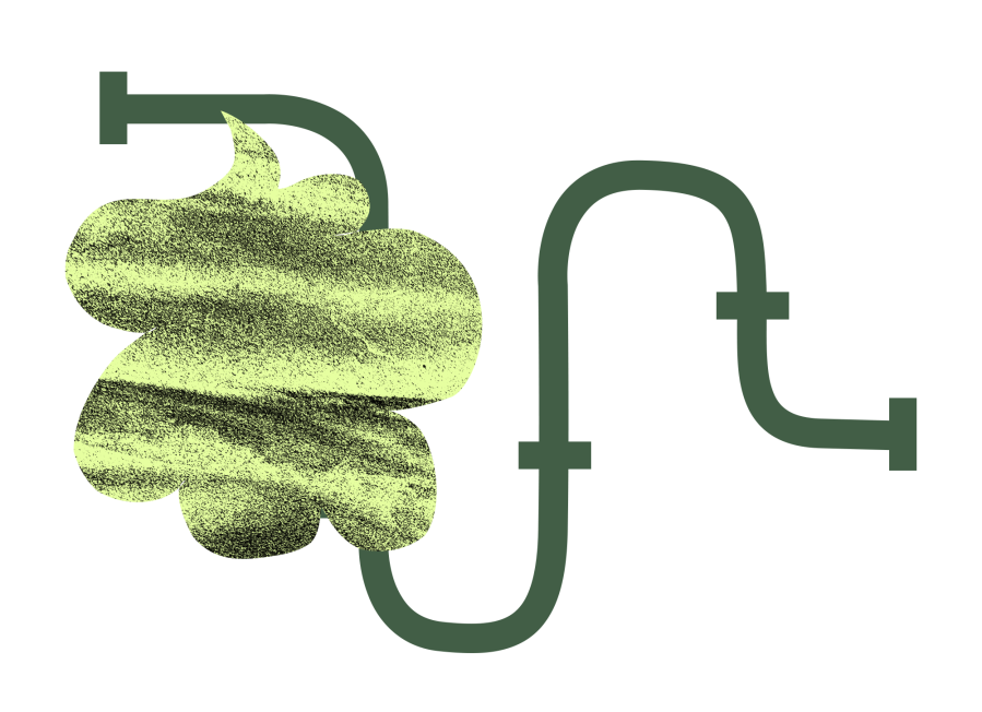 Illustration of dark green pipe system with light green gas cloud escaping