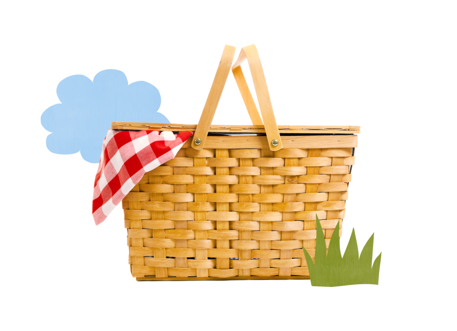 Collage of picnic basket with red gingham blanket poking out, with blue cloud and green tuft of grass