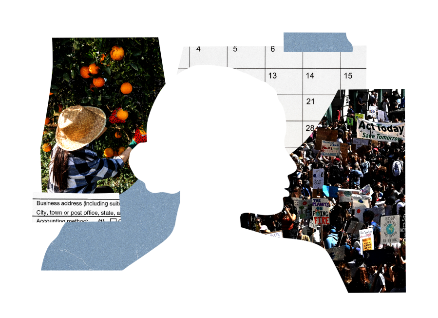Collage of tax form, calendar, farm, and climate protest with silhouette of woman cut out of center