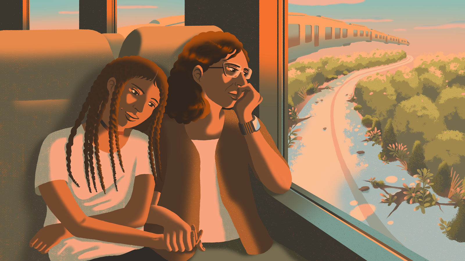 Illustration of mother and child on flying train, passing over an overgrown highway