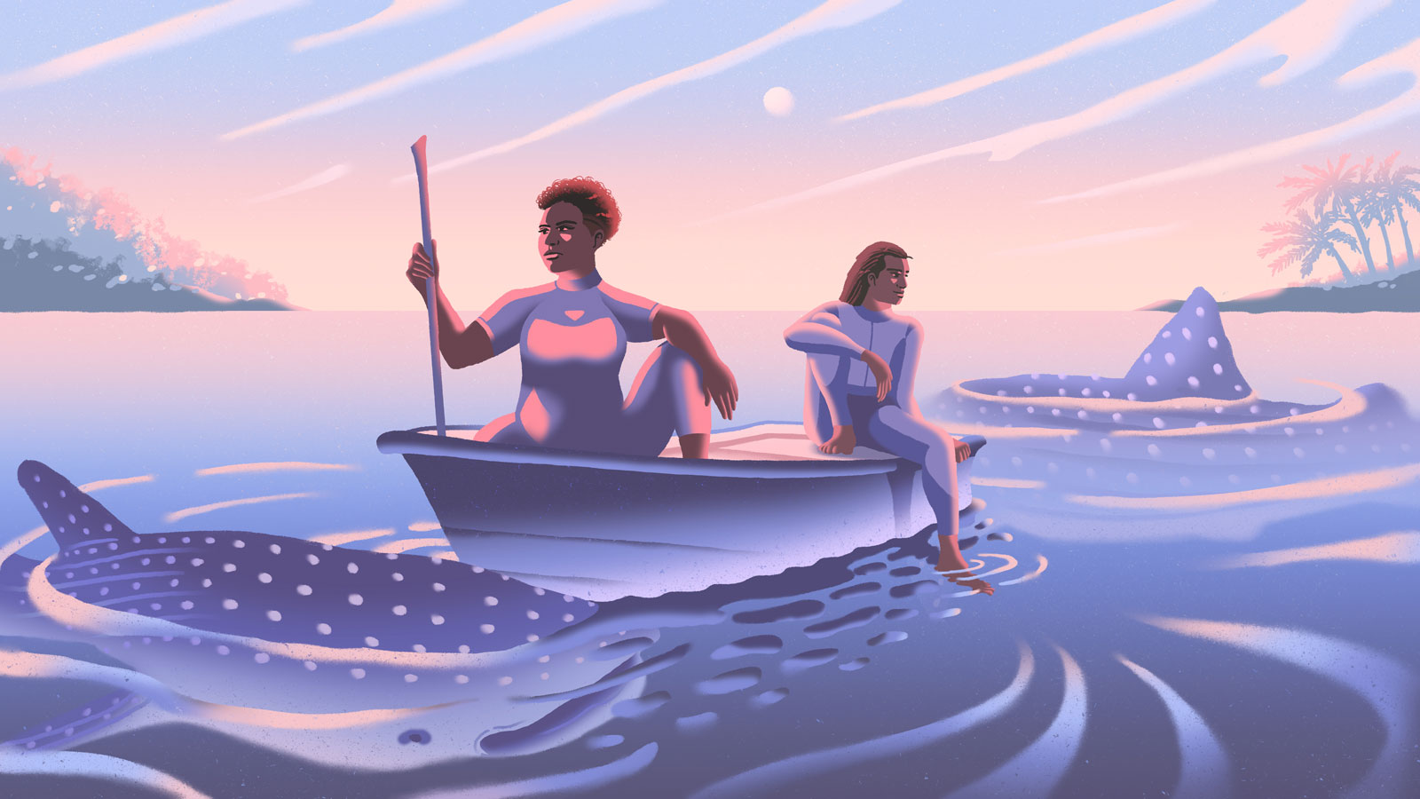 Illustration of woman and man waiting on boat, watching whale sharks swim below