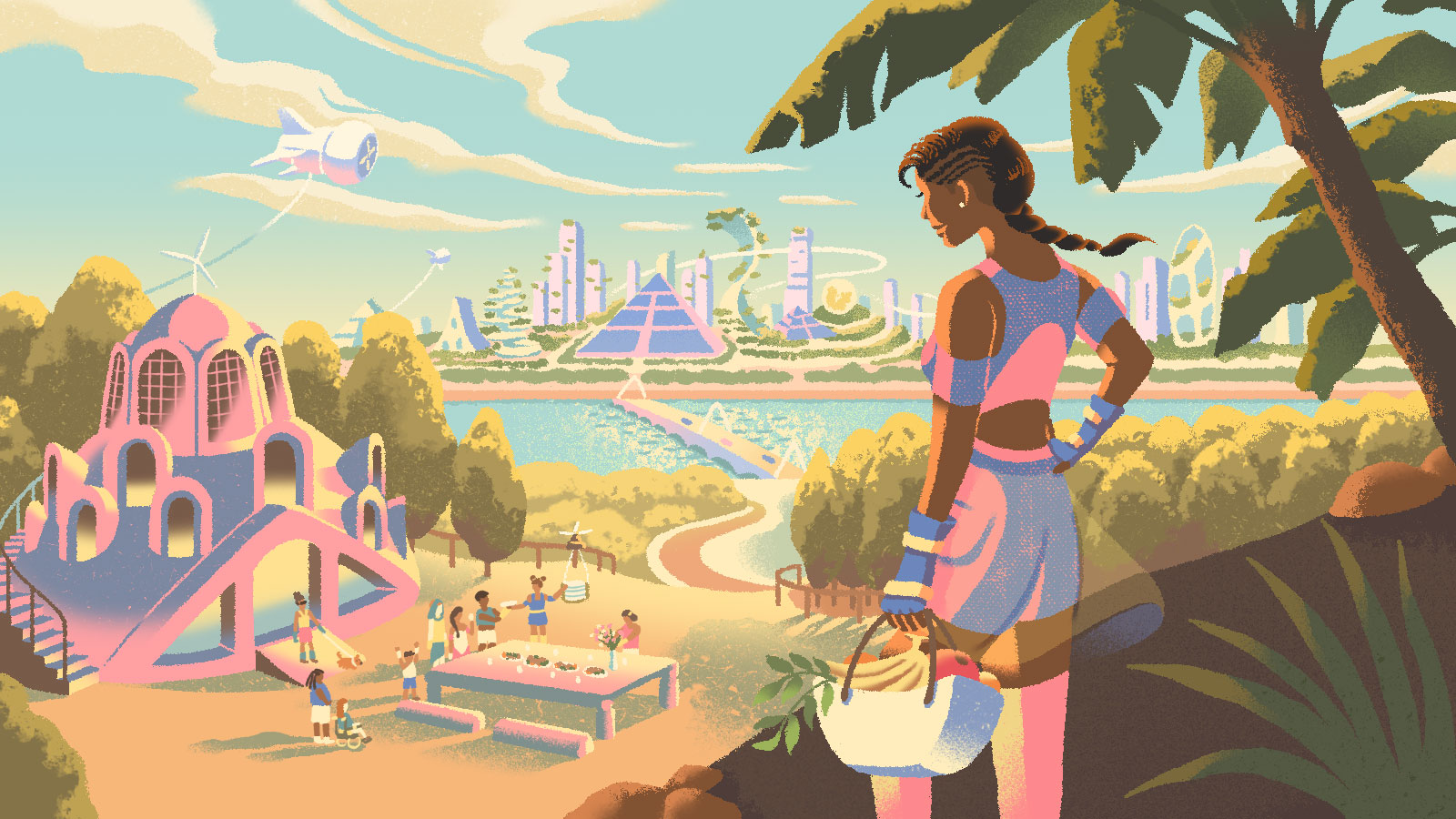 A futuristically dressed Black woman holds a basket of fruit and looks down at a picnic scene below. Wind turbines float in the air and a city can be seen in the distance.