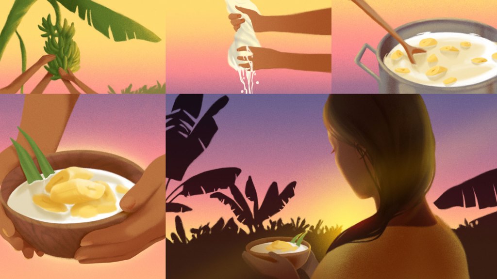 Illustration depicting the process of cooking kolak pisang, an Indonesian dish made with banana and coconut milk