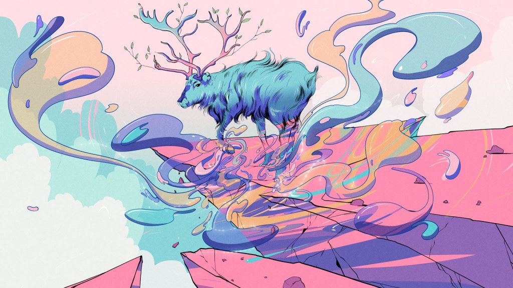 Illustration of reindeer on cliff with colorful swirls exploding from a powerful stomp
