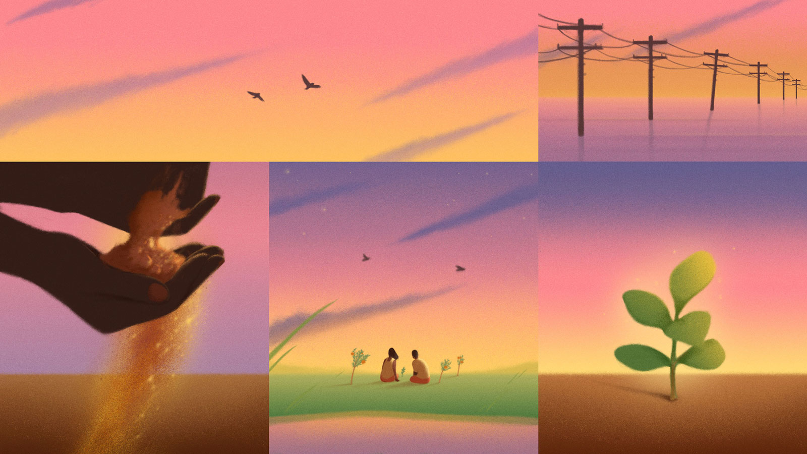 Illustration made up of sunset scenes depicting a flood, birds in sky, hands holding soil, a brother and sister sitting in grass, and a seedling popping out of the ground.