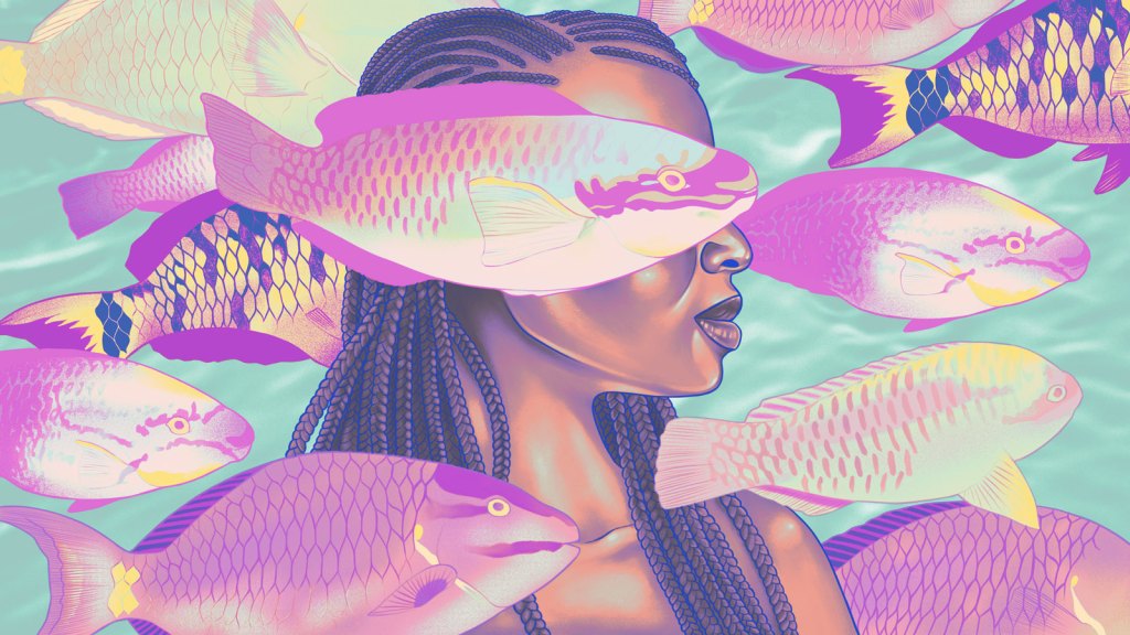 Illustration of Black woman surrounded by colorful fish, one overlapping with her face, aligned with where her eye would be